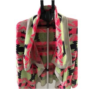 Aztec Geometric Print Open Cardigan Sweater Neon Pink Lime Gray Women spring